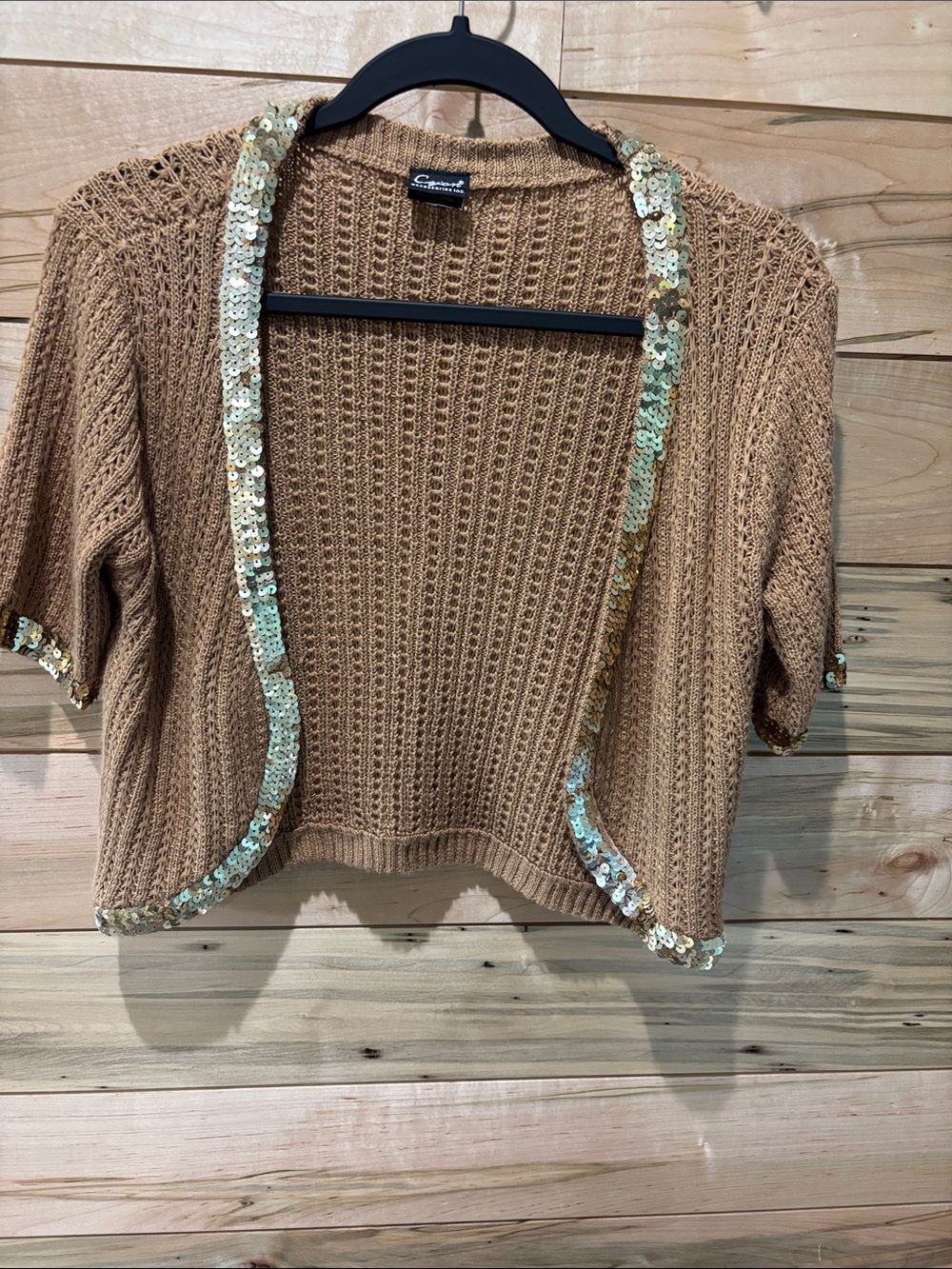 Cejon Camel Sequin-Trim Cropped Knit Shrug